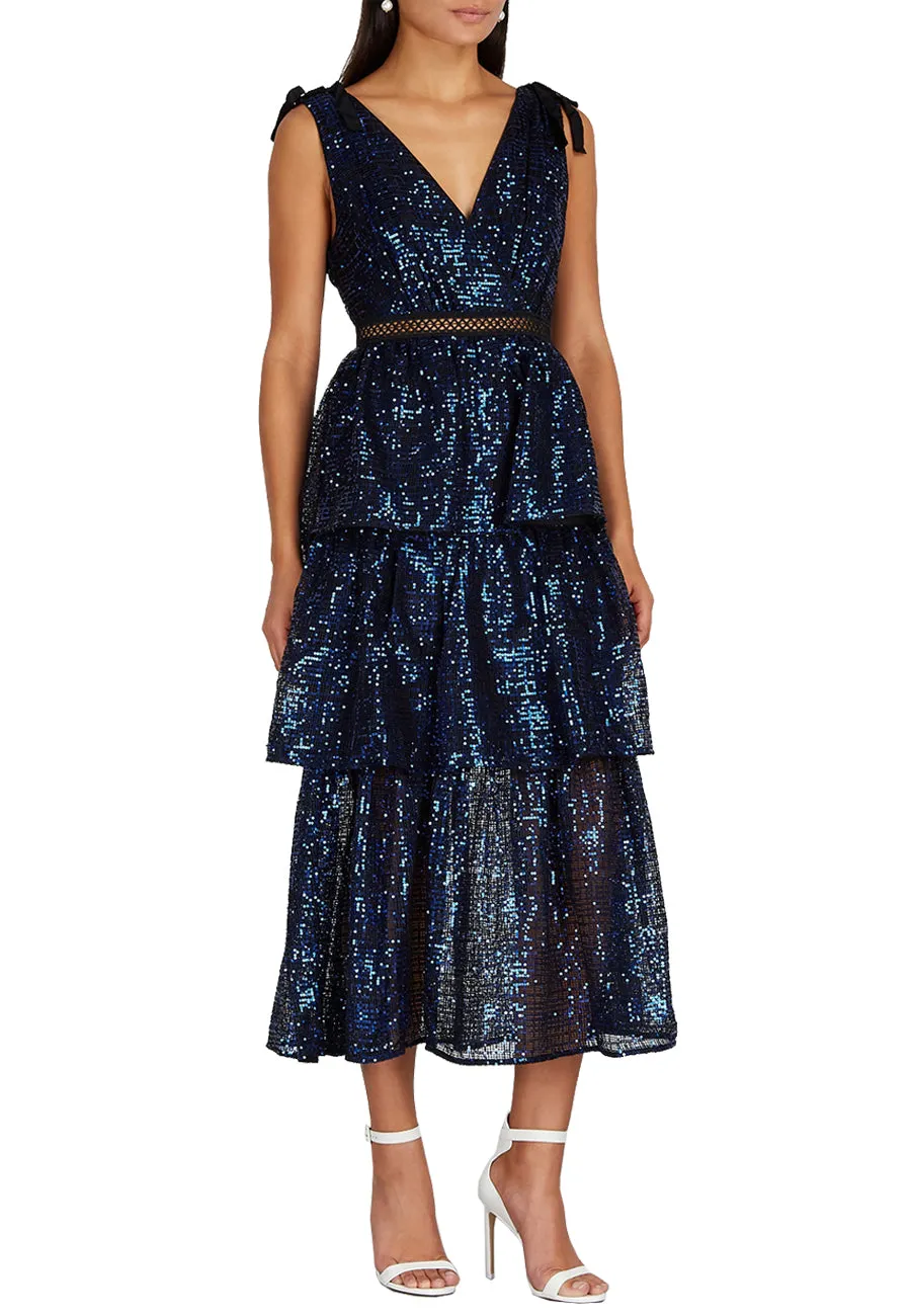Blue Sequins Tiered Midi Dress