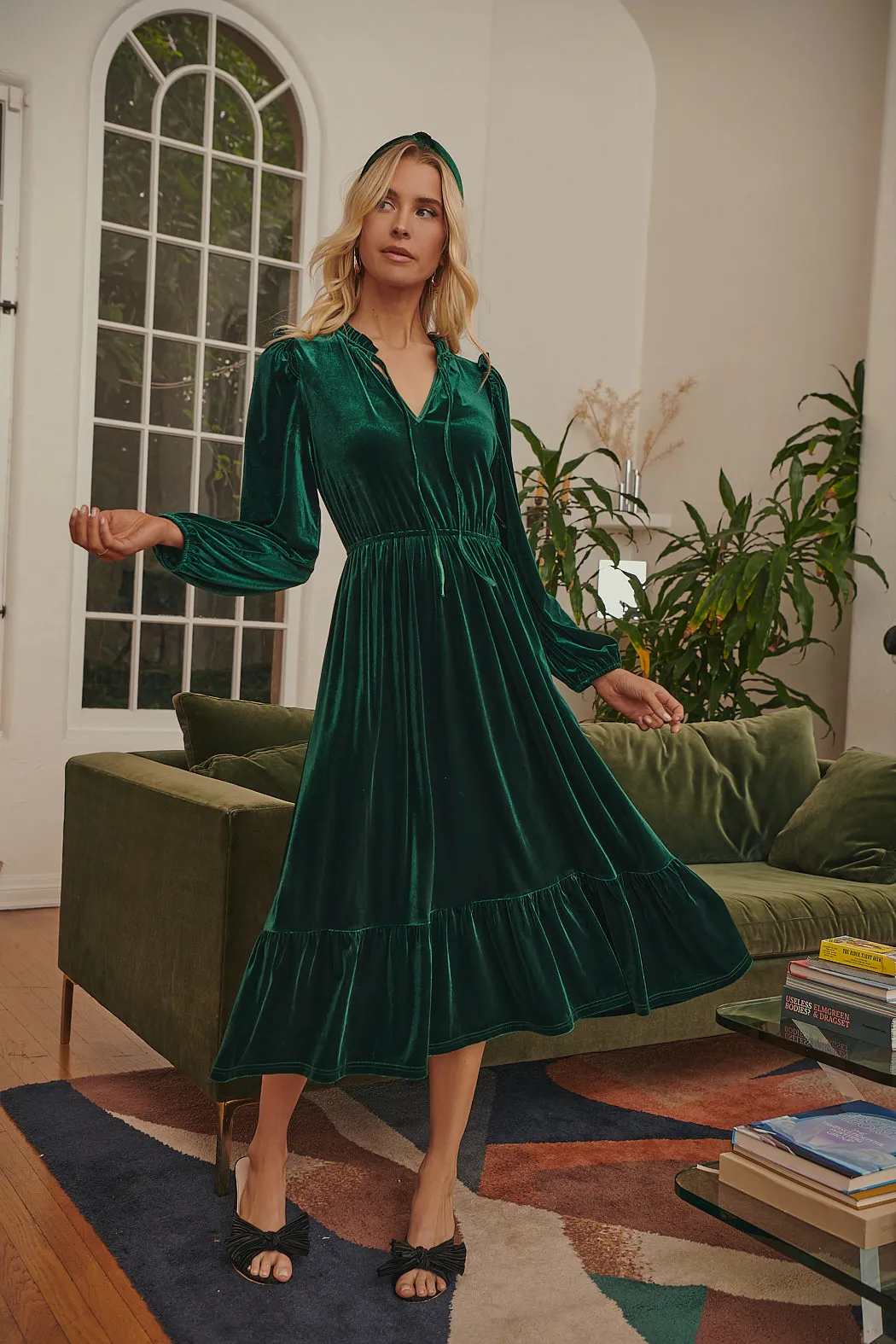 Charleston Ruffle Velvet Midi Dress