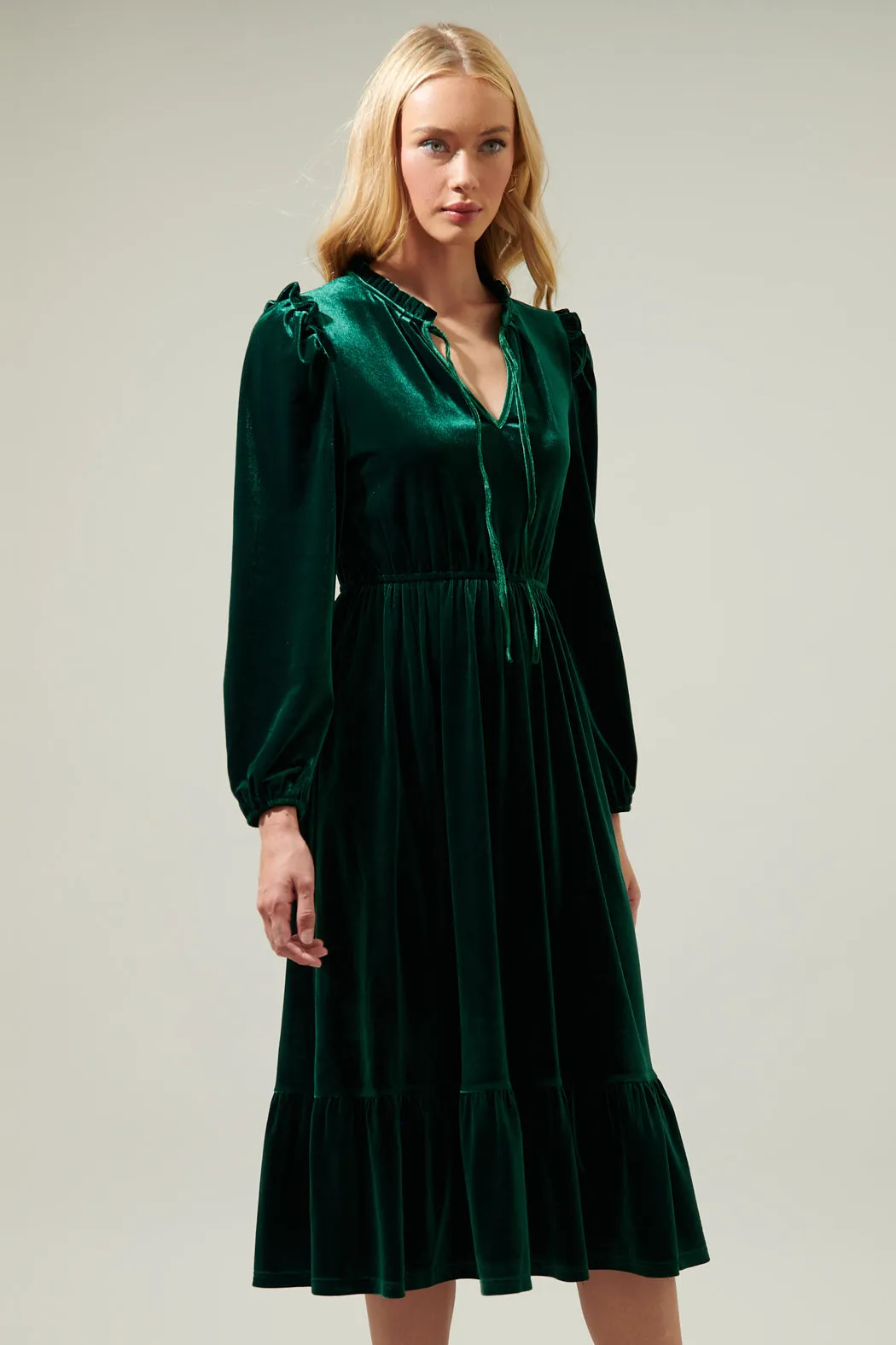 Charleston Ruffle Velvet Midi Dress