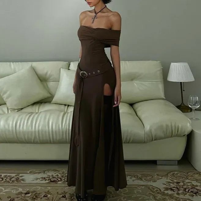 Off Shoulder Slit Maxi A-Line Dress     fg5484