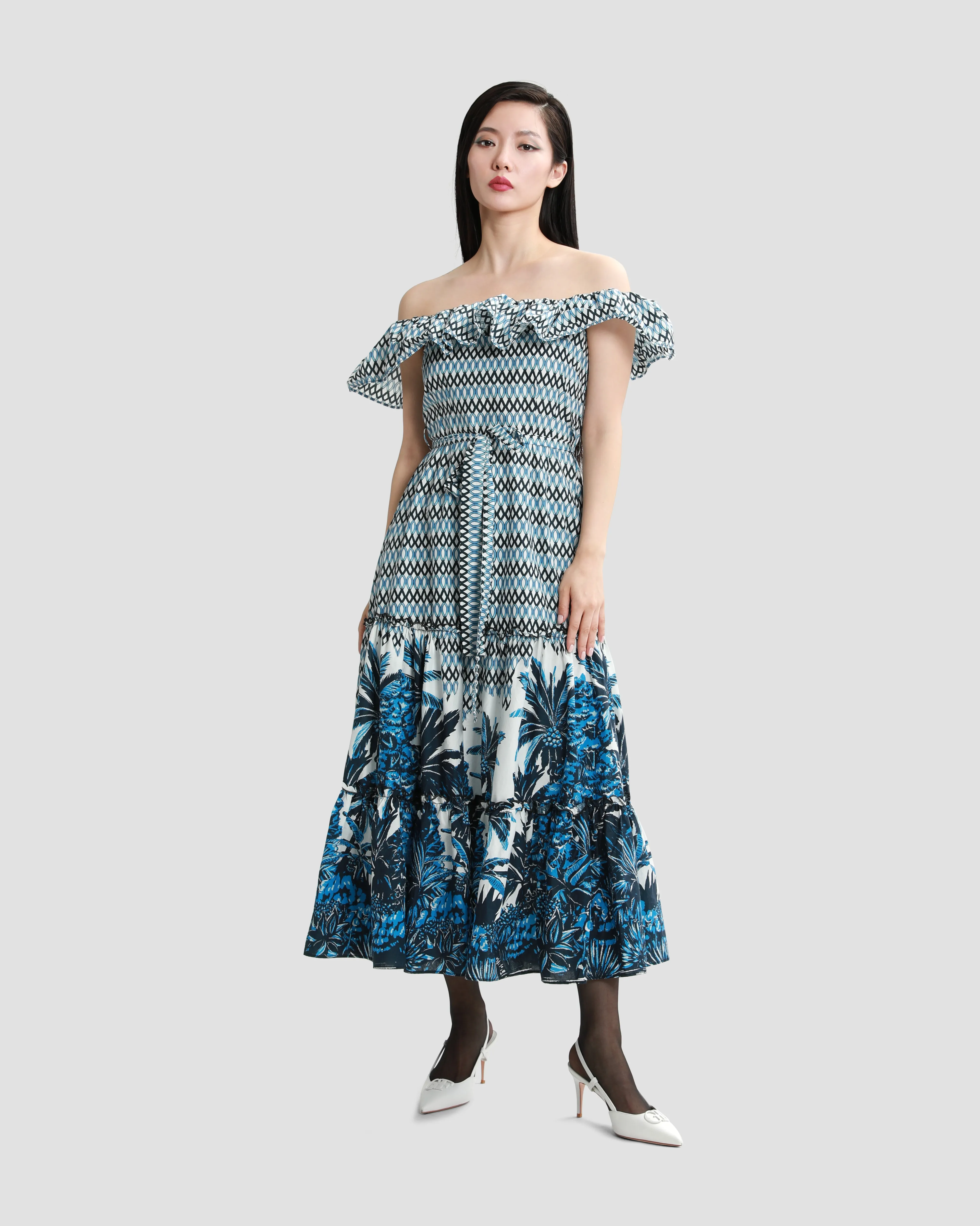Tropical Print Ruffled Tiered Midi Dress